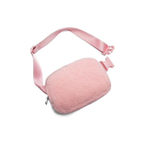 Cozy Blush Sherpa Crossbody Fanny Bag, Leather Zipper Details Adjustable Waist Strap for Daily Outdoor