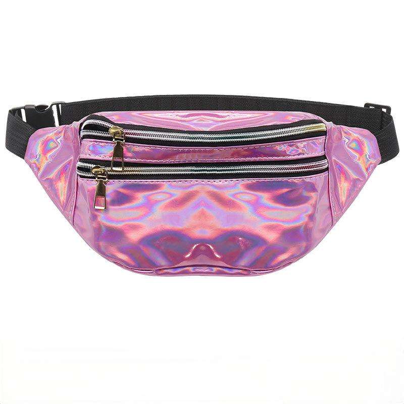 Multi Iridescent Holographic Fanny Waist Bag, Leather Zipper Pulls Adjustable Black Strap Crossbody Belt Bag for Beach Party Daily Use