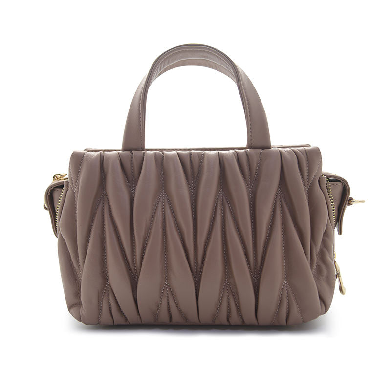Mauve Taupe Ruched Mini Tote, Leather Handles D-Ring Crossbody Hardware