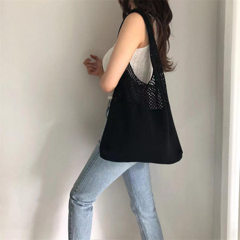 Knit Mesh Leather Lined Oversized Shoulder Tote Bag