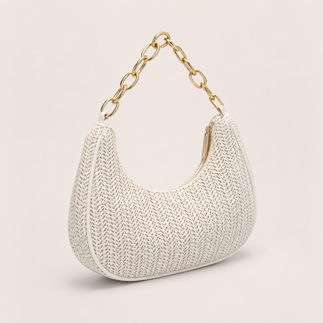 Off White Chevron Woven Crescent Hobo Bag , Chunky Gold Chain Underarm Shoulder Bag