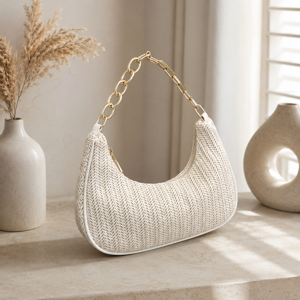 Off White Chevron Woven Crescent Hobo Bag , Chunky Gold Chain Underarm Shoulder Bag