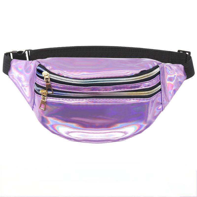 Multi Iridescent Holographic Fanny Waist Bag, Leather Zipper Pulls Adjustable Black Strap Crossbody Belt Bag for Beach Party Daily Use