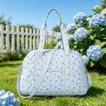 Quilted Ditsy Floral Weekender Bag, Light Blue Leather Zipper Dual Straps