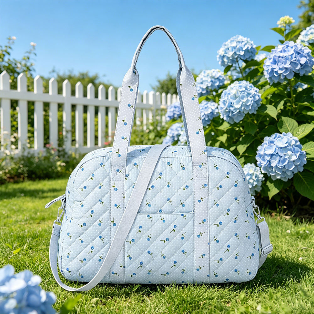 Quilted Ditsy Floral Weekender Bag, Light Blue Leather Zipper Dual Straps