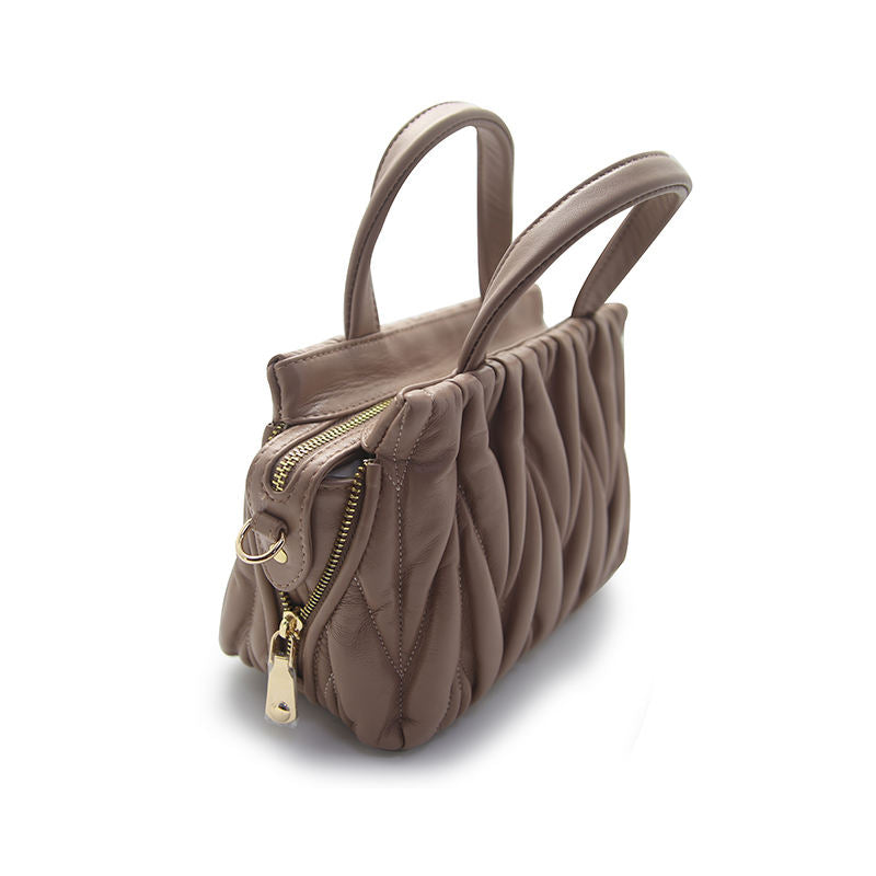 Mauve Taupe Ruched Mini Tote, Leather Handles D-Ring Crossbody Hardware