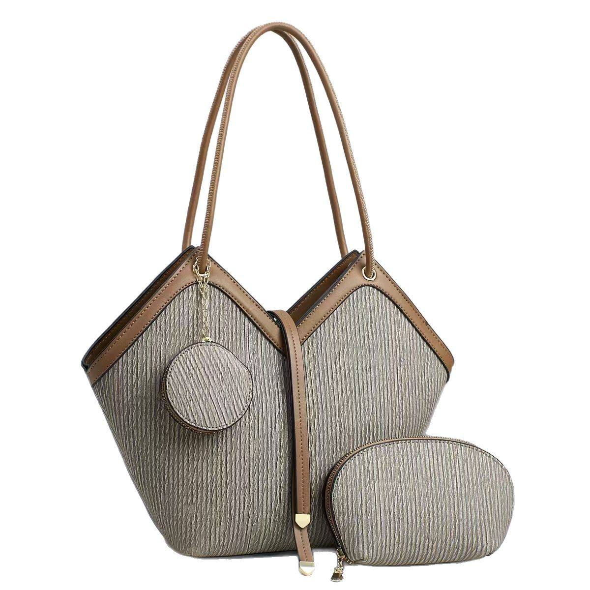 Vertical Stripe Bucket Tote with Contrast Leather Trim & Matching Mini Bag Set