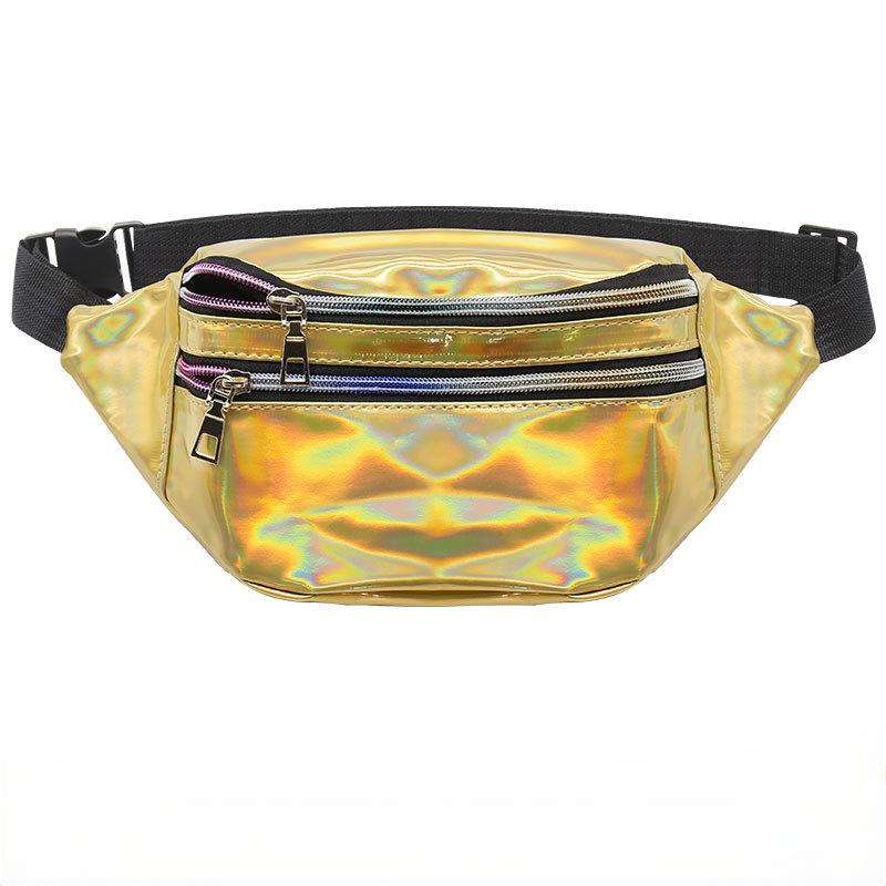 Multi Iridescent Holographic Fanny Waist Bag, Leather Zipper Pulls Adjustable Black Strap Crossbody Belt Bag for Beach Party Daily Use