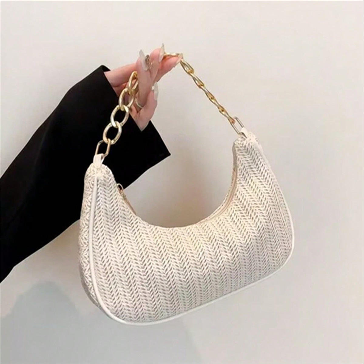Off White Chevron Woven Crescent Hobo Bag , Chunky Gold Chain Underarm Shoulder Bag