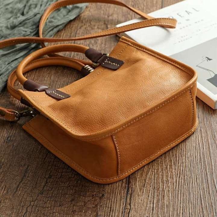 Vintage Tan Mini Square Tote, Contrast Trim Handles & Adjustable Crossbody Strap