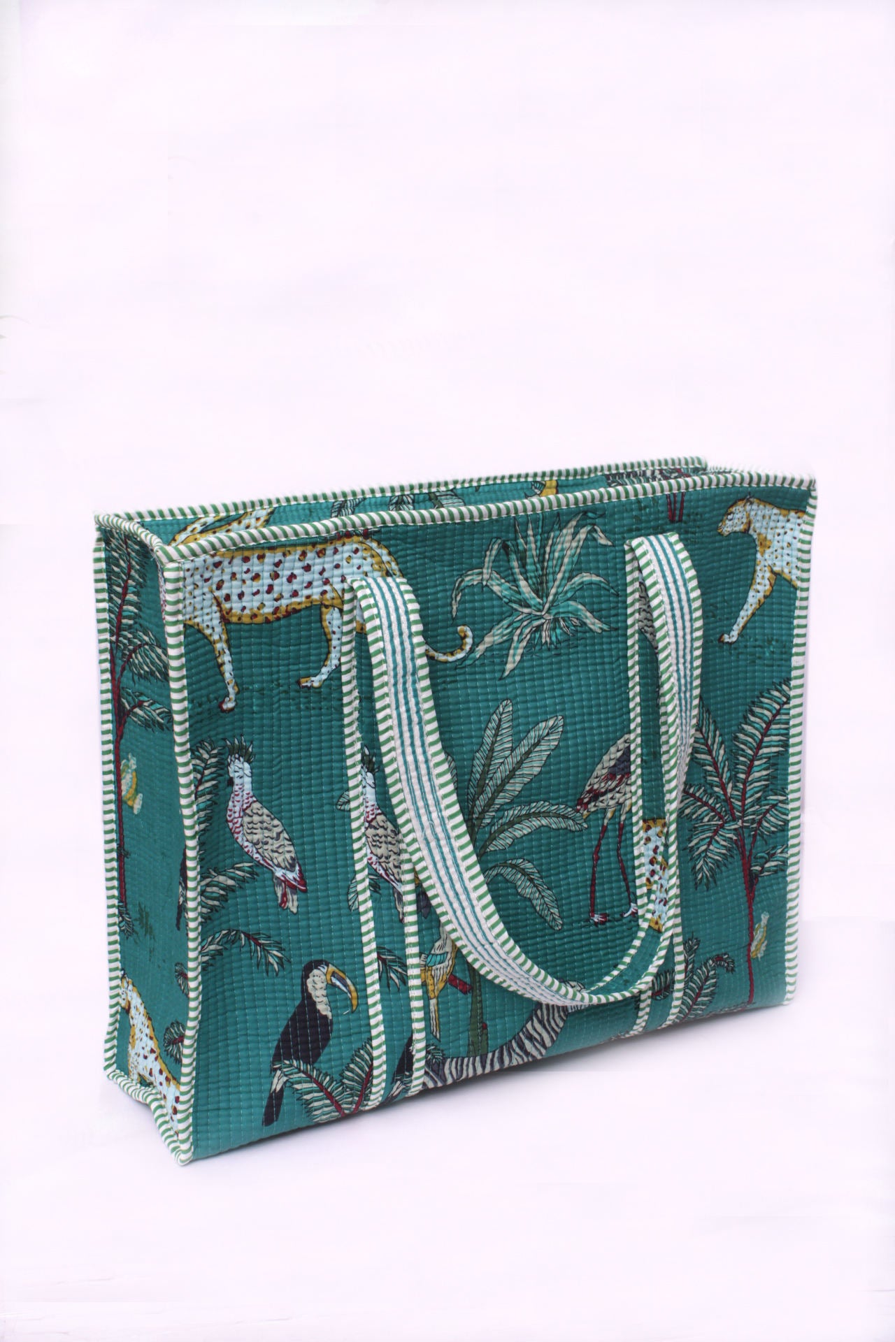 Teal Jungle Print Quilted Tote Bag, Striped Handles Zipper Closure