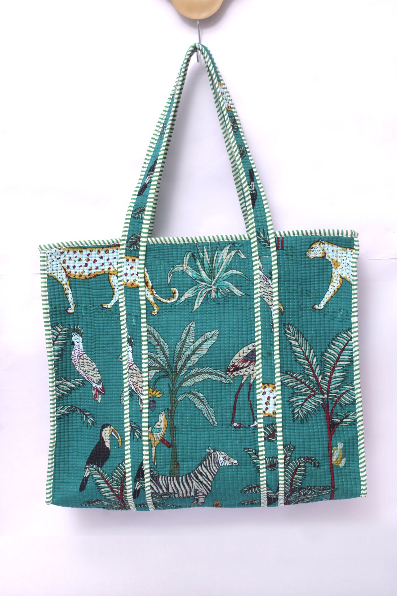 Teal Jungle Print Quilted Tote Bag, Striped Handles Zipper Closure