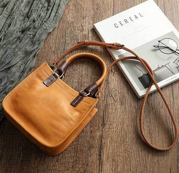 Vintage Tan Mini Square Tote, Contrast Trim Handles & Adjustable Crossbody Strap