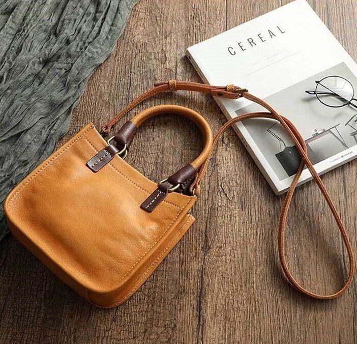 Vintage Tan Mini Square Tote, Contrast Trim Handles & Adjustable Crossbody Strap