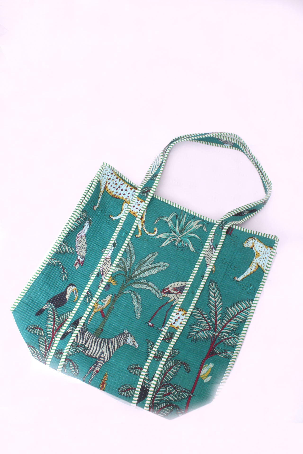 Teal Jungle Print Quilted Tote Bag, Striped Handles Zipper Closure