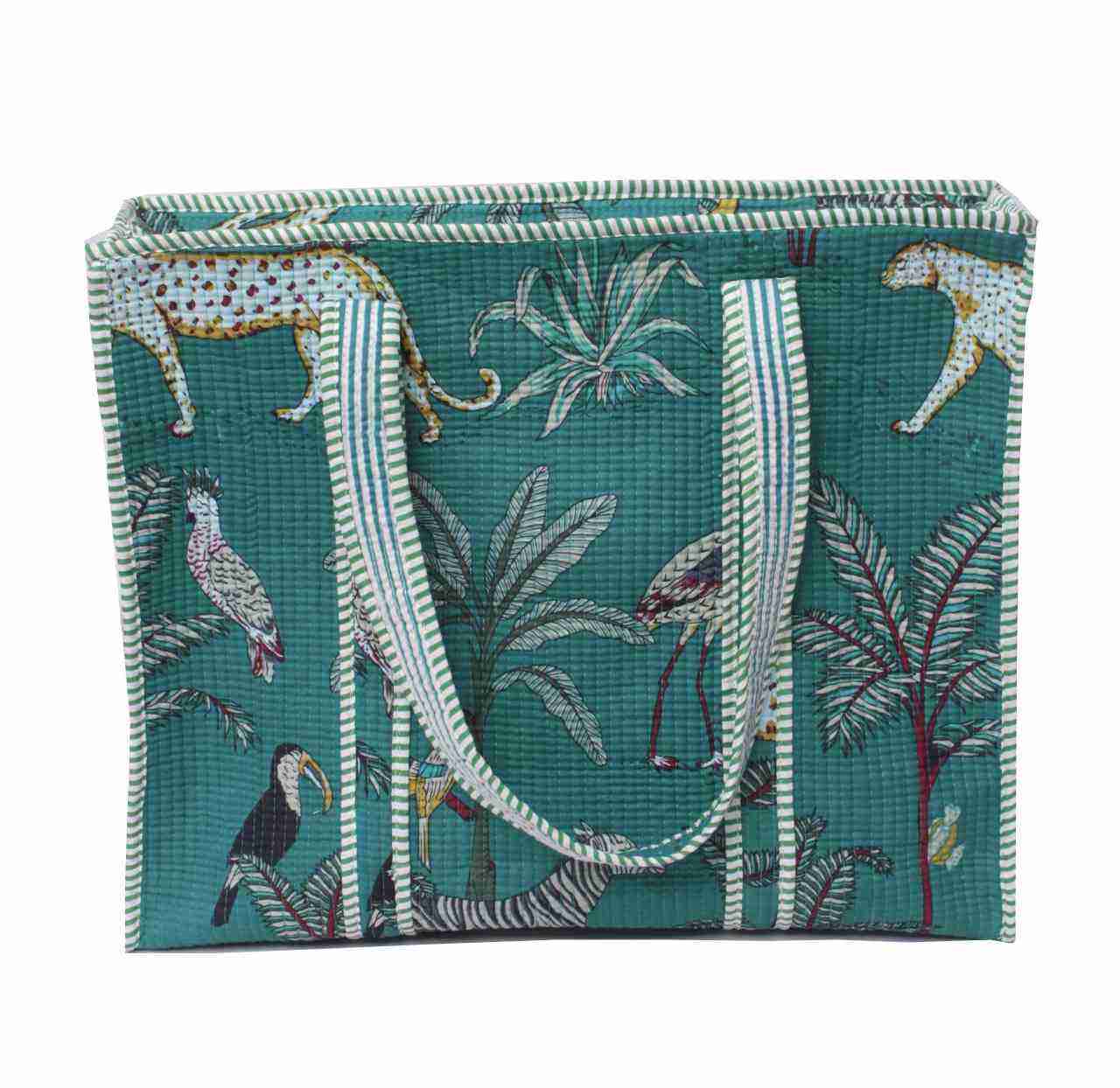 Teal Jungle Print Quilted Tote Bag, Striped Handles Zipper Closure