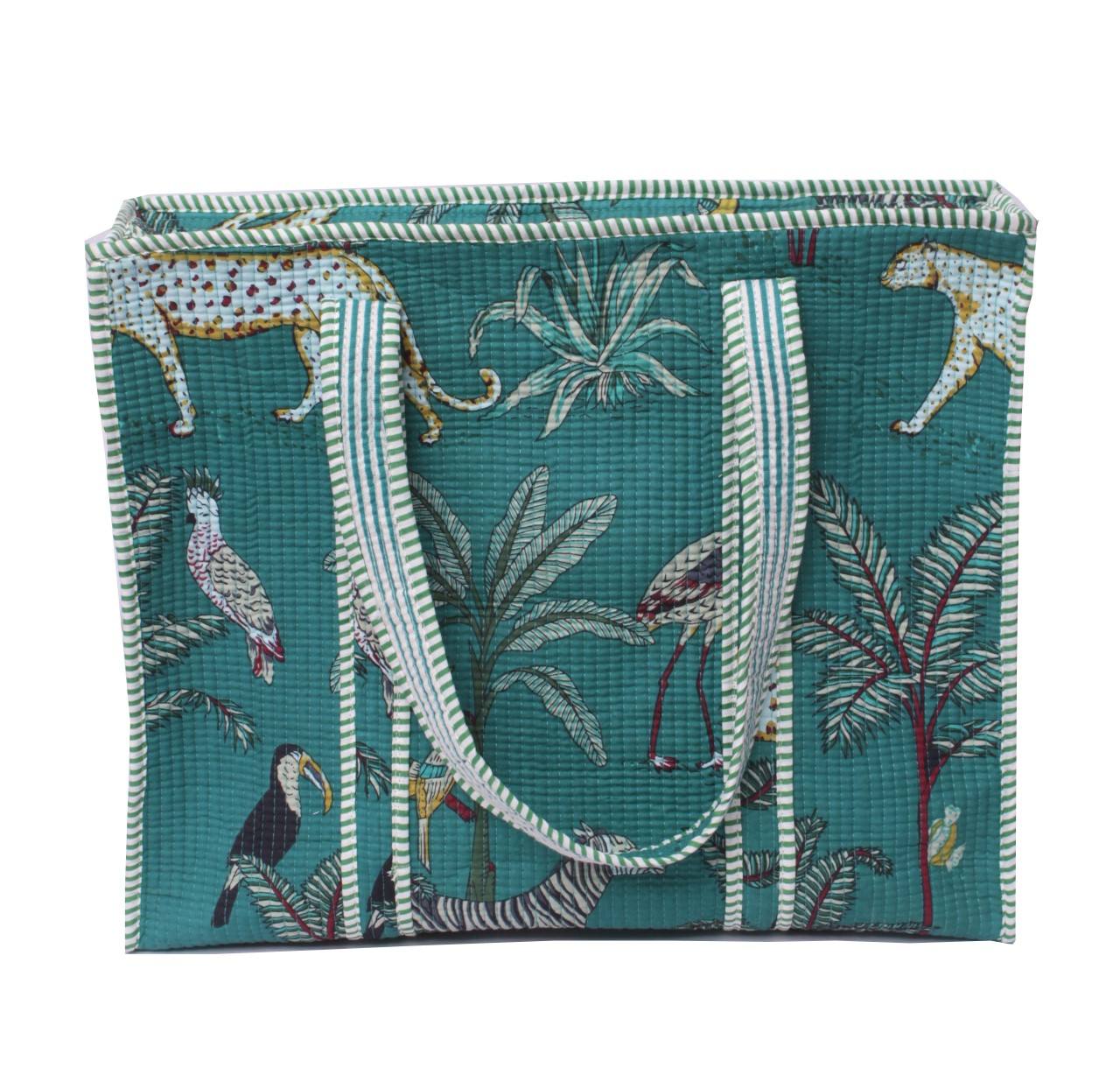 Teal Jungle Print Quilted Tote Bag, Striped Handles Zipper Closure